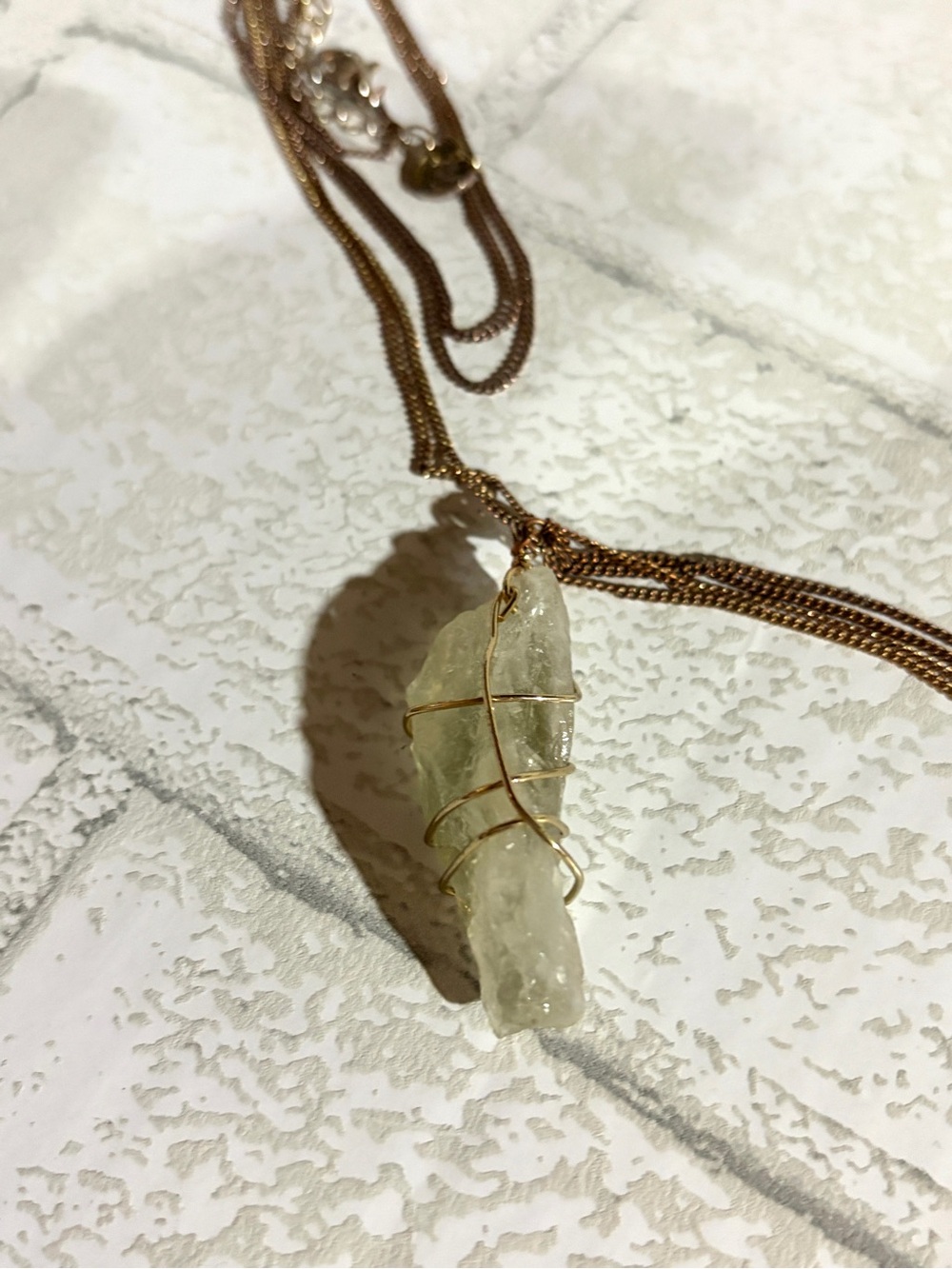 Crystal Wolf Green Fluorite Crystal Gold Tone Cooper Wire-Wrap Pendant Necklace